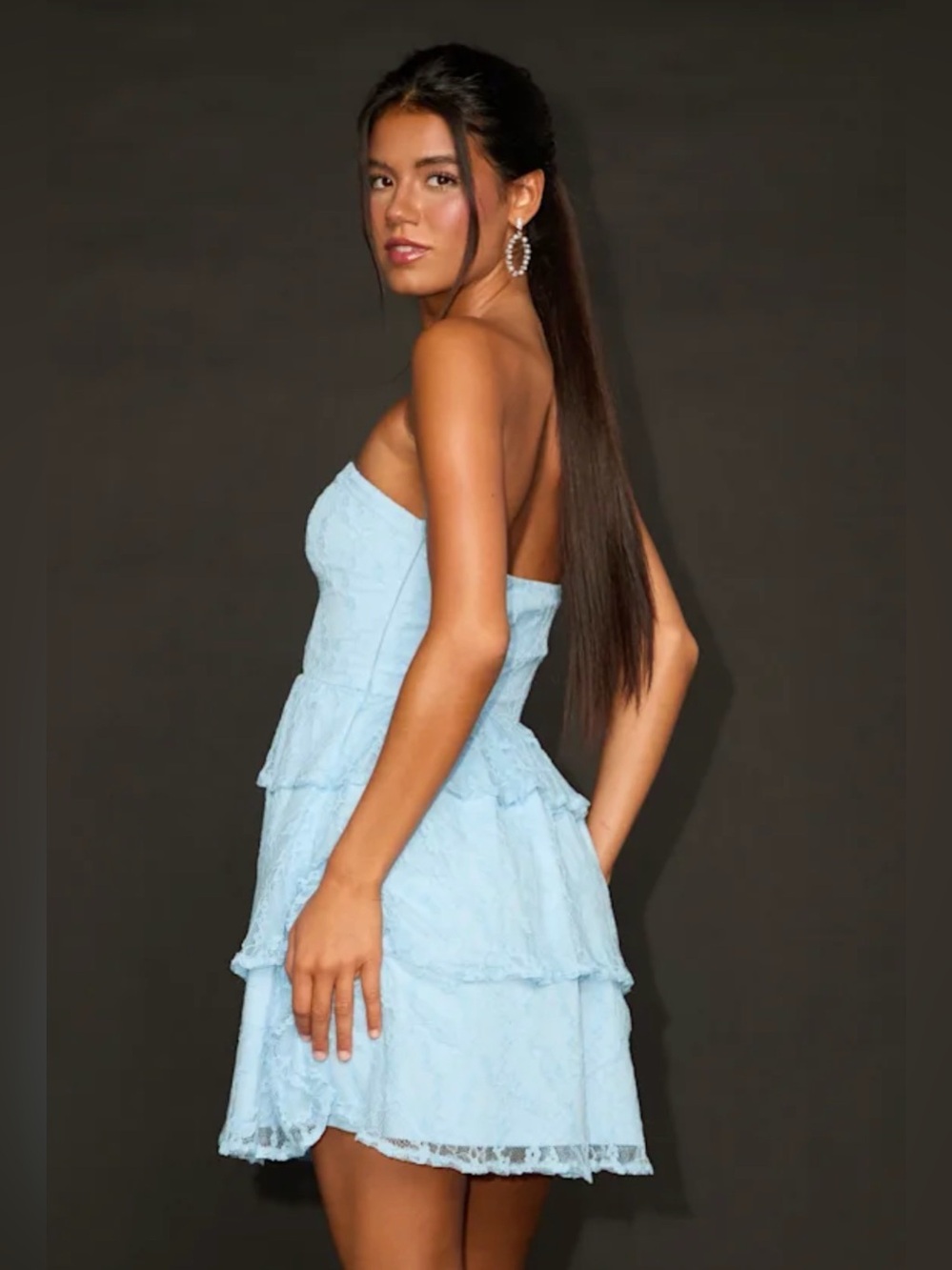 NWT Lulus Strapless Light Blue Lace Tiered Mini Dress XL - Picture 3 of 10